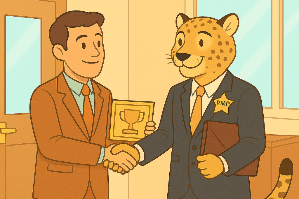 Cartoon cheetah in a suit smiling and shaking hands while receiving a promotion award, wearing a gold PMP star — symbolizing Dan Byrne’s Cheetah Learning PMP success story and leadership achievement at KPMG.