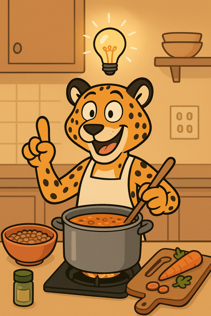 A cartoon cheetah is happy cooking in the kitchen. They're making lentil soup and there's a lightbulb above their head. They used Project Management methodologies to make lifestyle changes to help their peak performing mind.